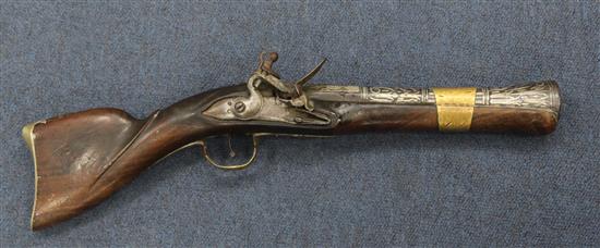 A 19th century Turkish flintlock blunderbuss pistol, 17.75in.